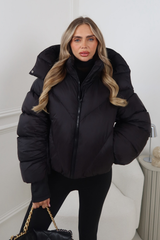 MIA BLACK CROPPED PUFFER JACKET WITH DETACHABLE HOOD