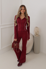 EMILY BURGUNDY PIPED FULL ZIP JACKED AND FLARED LEGGINGS GYM SET