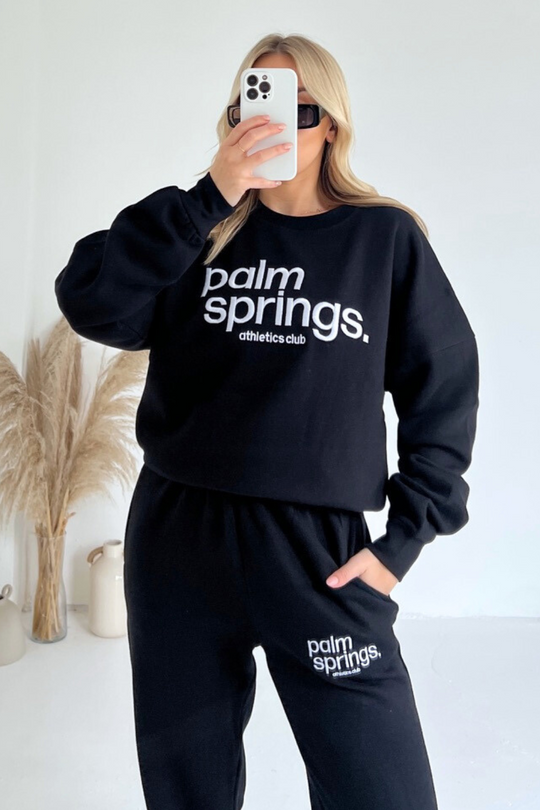Palm Springs black embroidered sweater joggers premium loungewear
