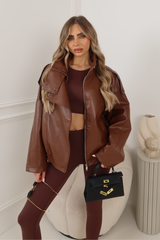 ACE CHOCOLATE FAUX LEATHER HIGH NECK JACKET
