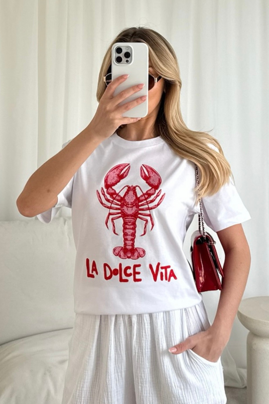 La dolce vita lobster printed white t-shirt