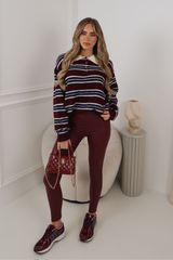 MARNIE WINE STRIPED BUTTON UP COLLAR LONG SLEEVE TOP