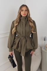 LUCINDER KHAKI BELTED PUFF SLEEVE HIGH NECK JACKET