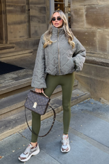 FIORA KHAKI CHECK PRINT HIGH NECK PUFFER JACKET