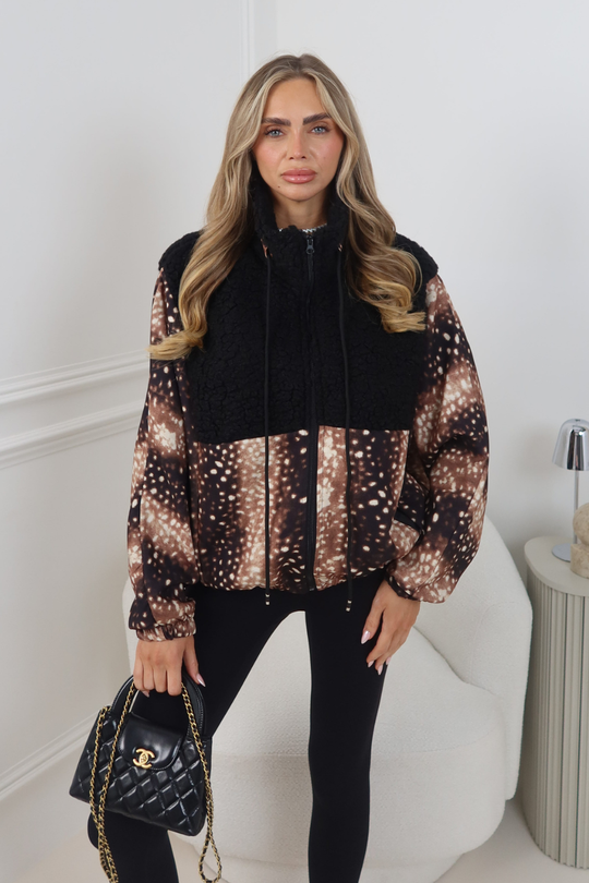 TESSA BLACK DEER PRINT ZIP UP FLEECE