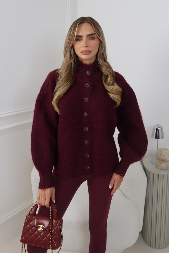 PALOMA BURGUNDY KNIT BUTTON UP HIGH NECK CARDIGAN