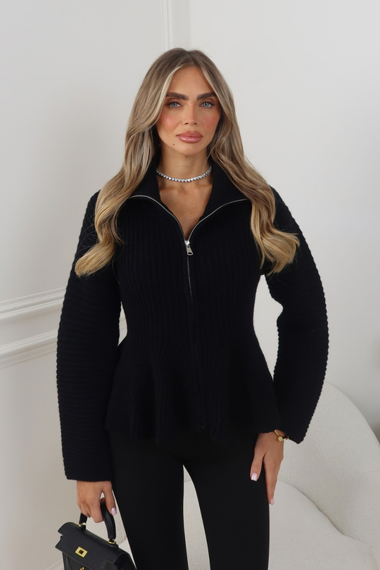 LOIS BLACK ZIP-UP KNIT CARDIGAN