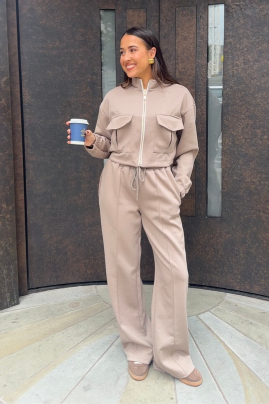 Rhea taupe bomber jacket straight leg jogger loungewear