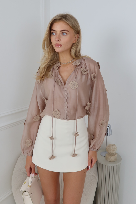 SHANIA MOCHA FLOWER NECK TIE TOP