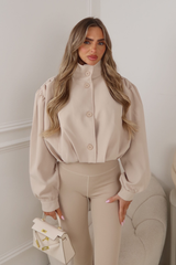 AVA BEIGE PUFF SLEEVE HIGH NECK CROPPED JACKET