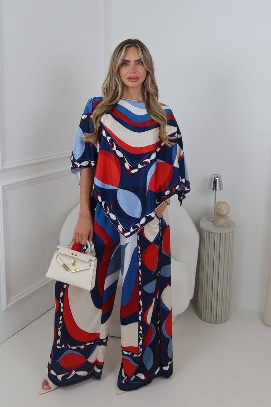 NANCY NAVY BOLD PRINT SATIN CAPE TOP & TROUSER CO ORD TWO PIECE SET