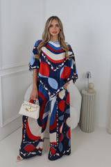NANCY NAVY BOLD PRINT SATIN CAPE TOP & TROUSER CO ORD TWO PIECE SET