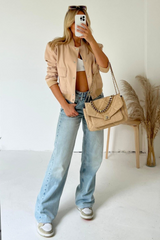 Aria Nude Cropped Long Sleeve Bomber Jacket