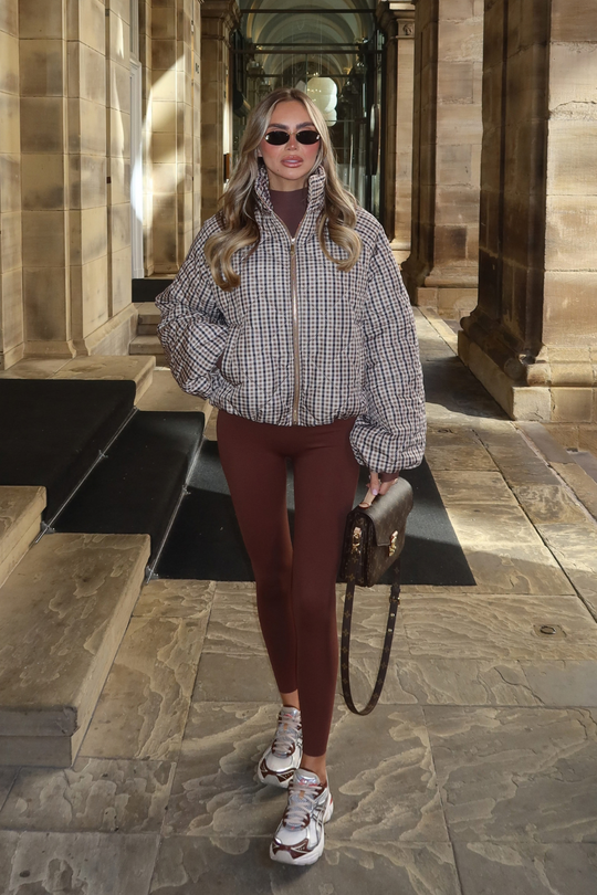 FIORA CHOCOLATE CHECK PRINT HIGH NECK PUFFER JACKET