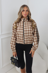 MAXINE CAMEL CHECK STRIPE DETAIL ZIP UP JACKET