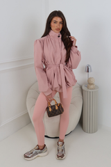 LUCINDER BLUSH BELTED PUFF SLEEVE HIGH NECK JACKET