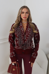 JENNA BURGUNDY BANDANA PRINT KNIT TASSEL CARDIGAN