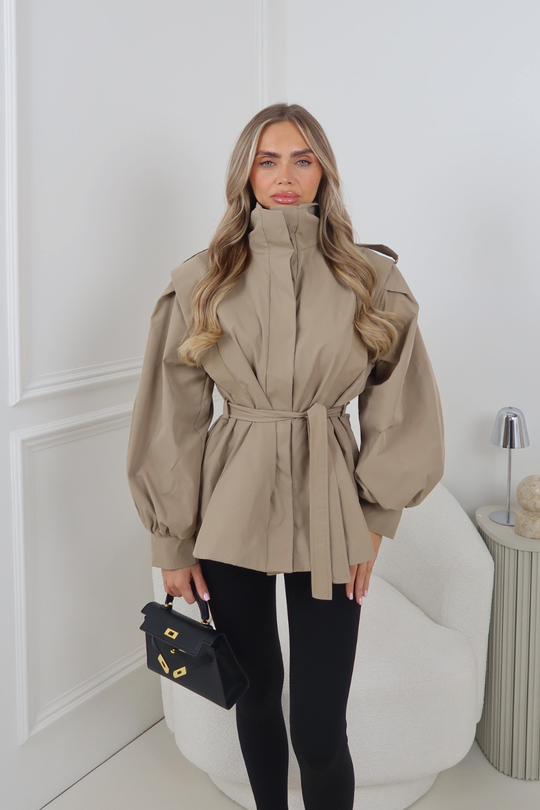 MILA BEIGE HIGH NECK BUTTON UP TIE WAIST JACKET