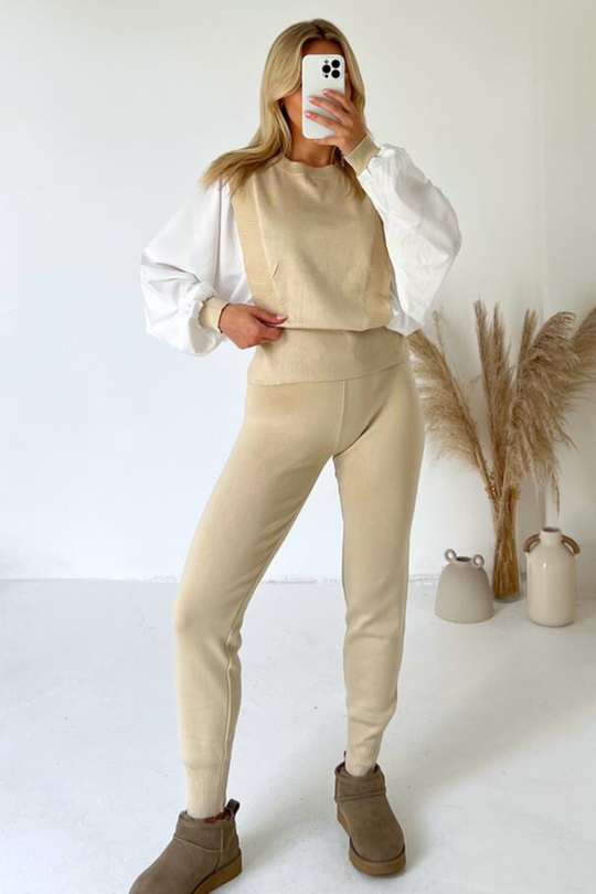 Georgia beige poplin sleeve knitted loungewear