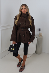 LORI CHOCOLATE HIGH NECK BELTED TRENCH JACKET