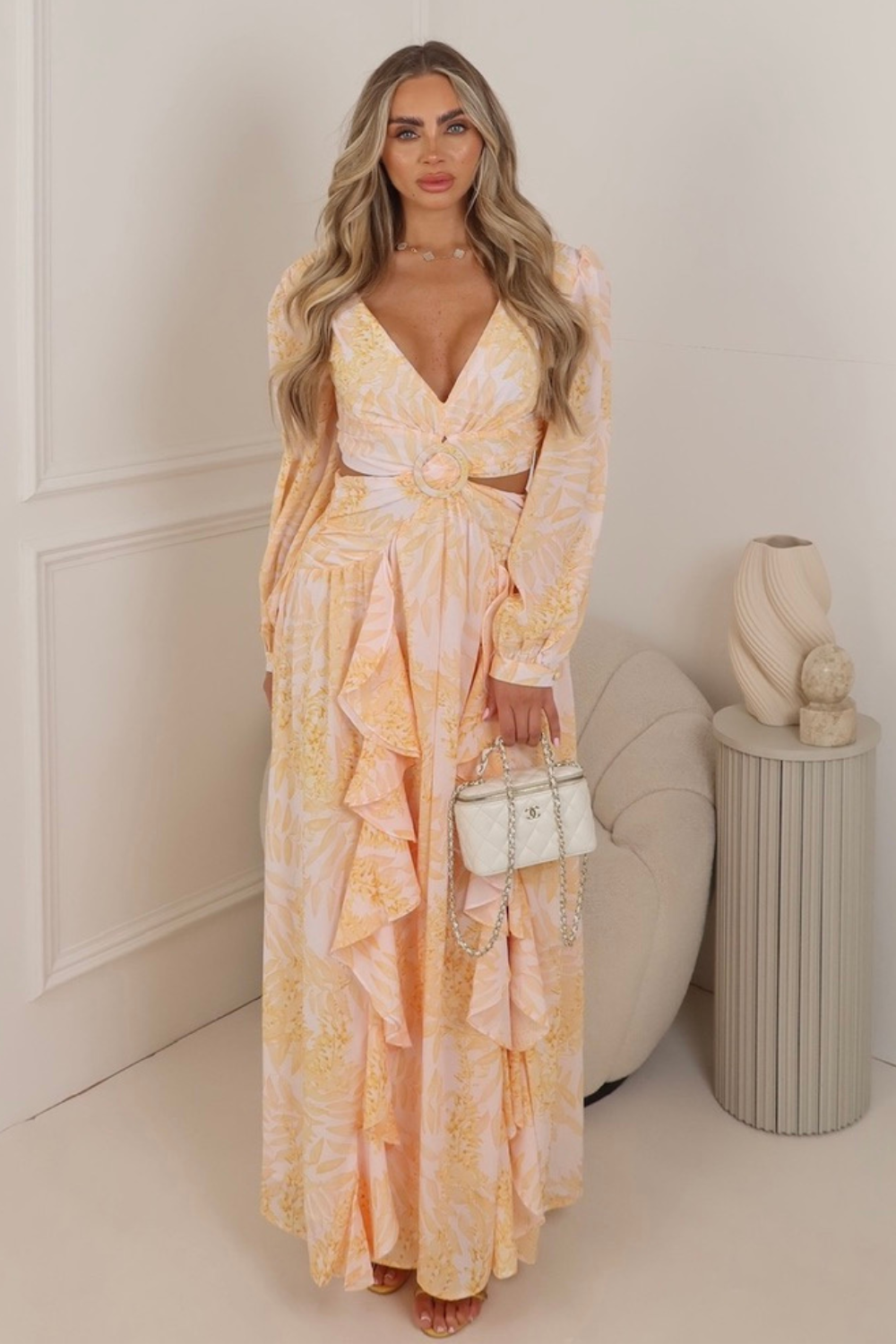 Melina apricot floral cut out maxi dress – Glamify Famous For