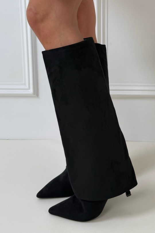 Brooke black faux suede knee high heeled boots