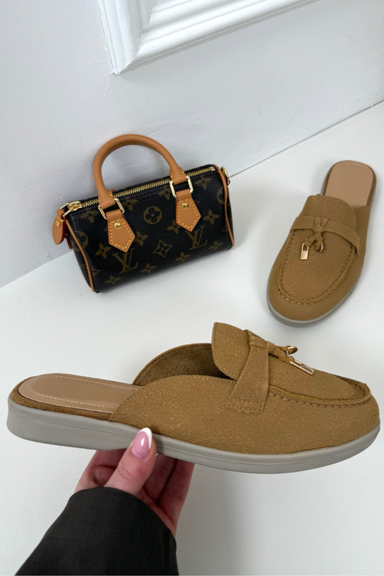 AMELIA CAMEL FAUX SUEDE GOLD TASSLE BACKLESS MULE