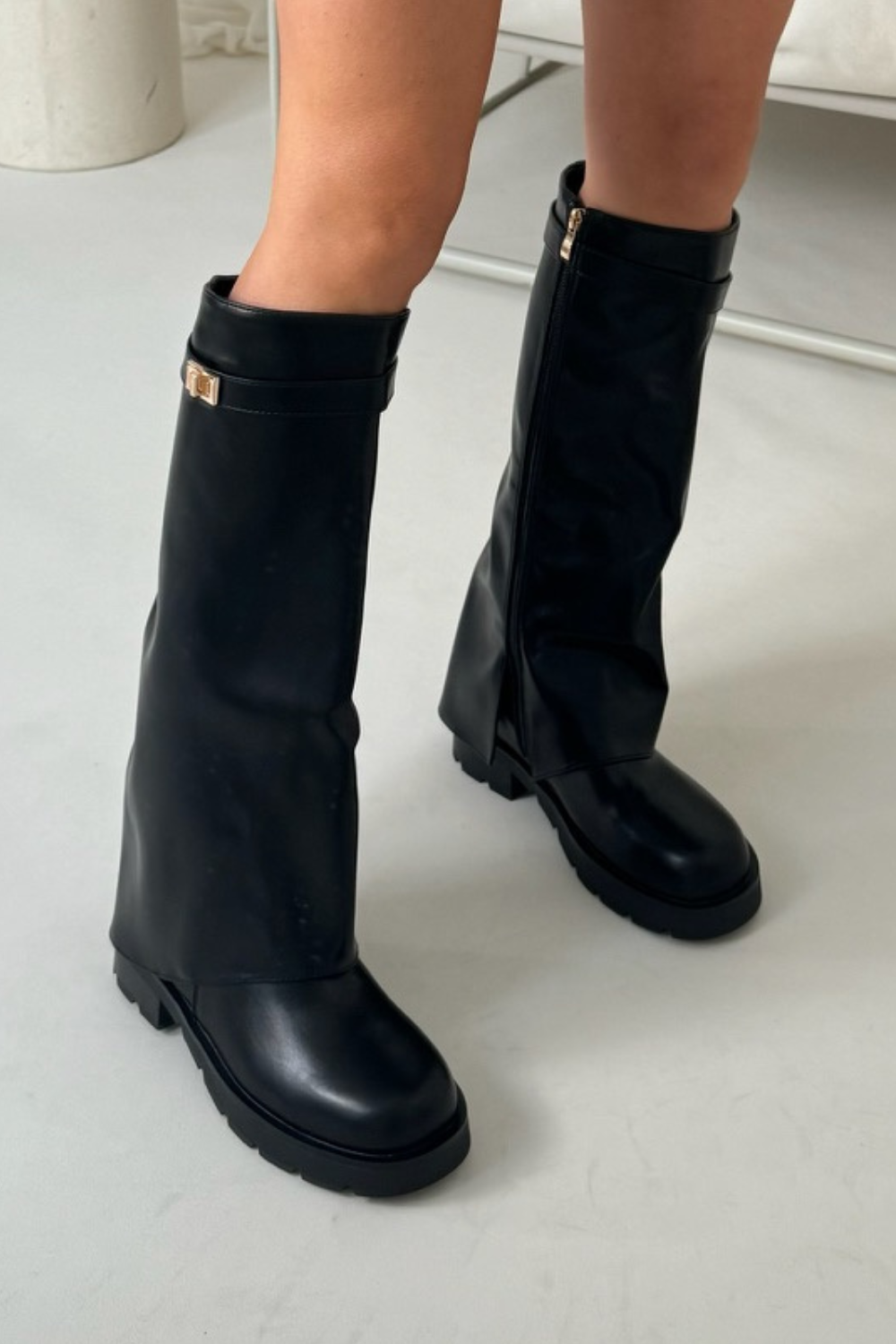 Nova black knee high fold over boots – Glamify Famous For Loungewear