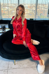 Verity red satin button up pyjamas