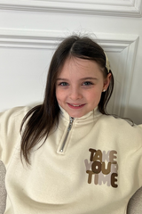 Mini take your time ecru printed 3/4 zip sweater