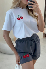 Cherry steel grey embroidered premium t-shirt and shorts
