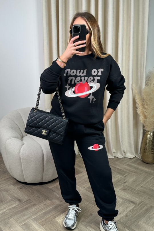 now or never black printed sweater joggers premium loungewear