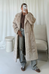Zhuri cream belted long faux fur coat