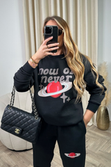 now or never black printed sweater joggers premium loungewear