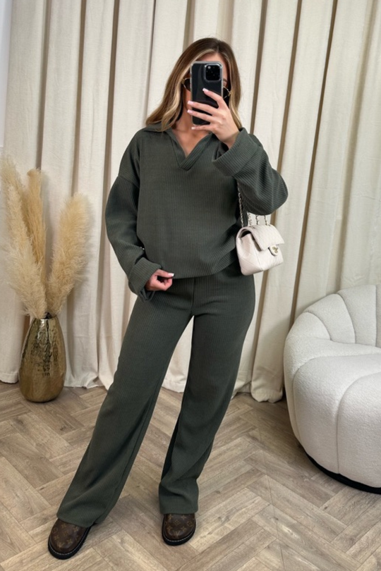 Stacey khaki ribbed velvet loungewear set