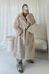 Zhuri cream belted long faux fur coat