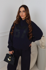 87 NAVY PRINTED HOODIE AND STRAIGHT LEG LOUNGEWEAR