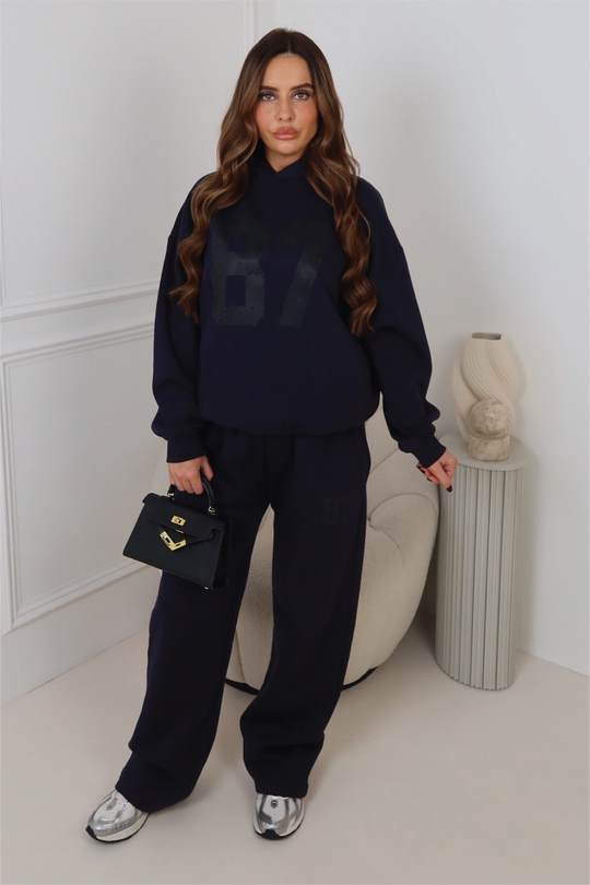 87 NAVY PRINTED HOODIE AND STRAIGHT LEG LOUNGEWEAR