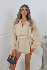 JORDANA BEIGE BUTTON UP BLOUSE AND SKORT CO ORD