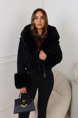 SILAS BLACK FAUX SUEDE CROPPED FAUX FUR CUFF & HOODED JACKET