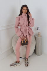 LUCINDER BLUSH BELTED PUFF SLEEVE HIGH NECK JACKET