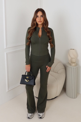 LEXIE KHAKI FULL ZIP JACKET AND FLARE GYM PANTS SET