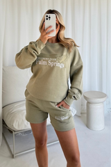 Wellness club palm springs khaki embroidered sweater short lounge set