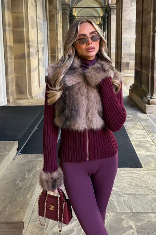 ARIANA BURGUNDY KNITTED ZIP UP CARDIGAN WITH FUR COLLAR