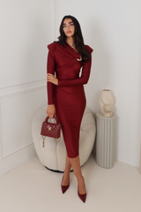NIA BURGUNDY LONG SHOULDER PADDED DRESS