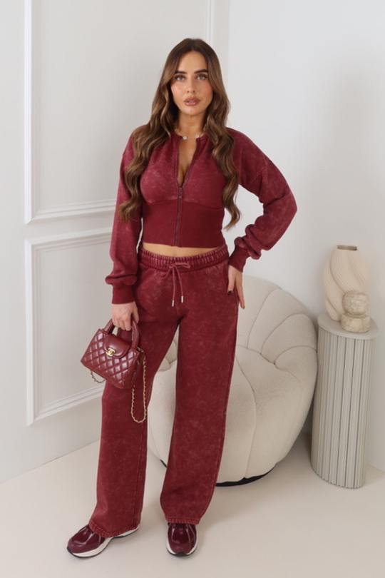 JUNO BURGUNDY WASHED OUT BOMBER STRAIGHT LEG  TRACKSUIT
