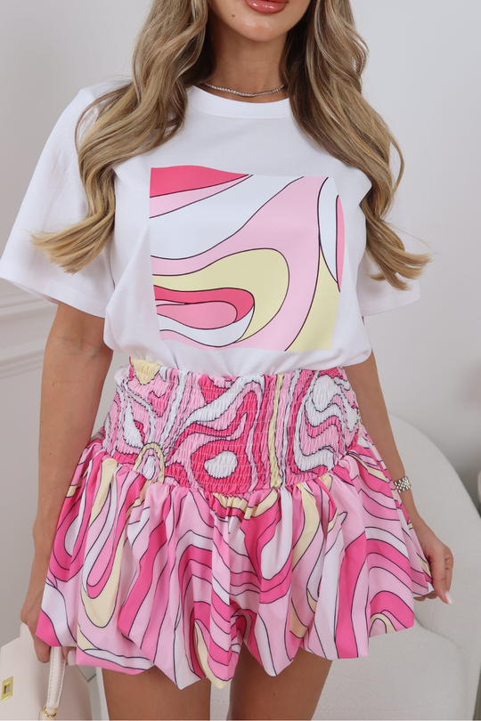 SIENNA PINK SWIRL PATTERN SHIRRED PUFFBALL MINI SKIRT