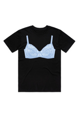 Lace blue bra printed black t-shirt