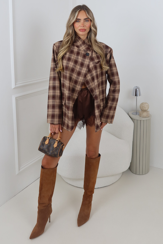 ZARIA BROWN CHECK HIGH NECK SHOULDER PADDED BLAZER