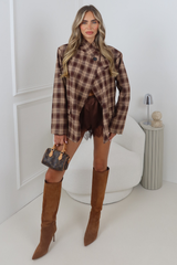 ZARIA BROWN CHECK HIGH NECK SHOULDER PADDED BLAZER